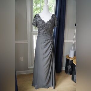 Size 8 Gray Lace Bodice Floor-Length Gown with Short Sleeves & Corset Back